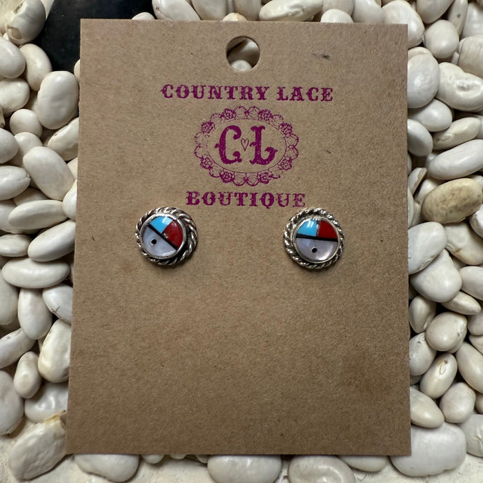 Multi Stone Inlay Stud Post Genuine Earring
