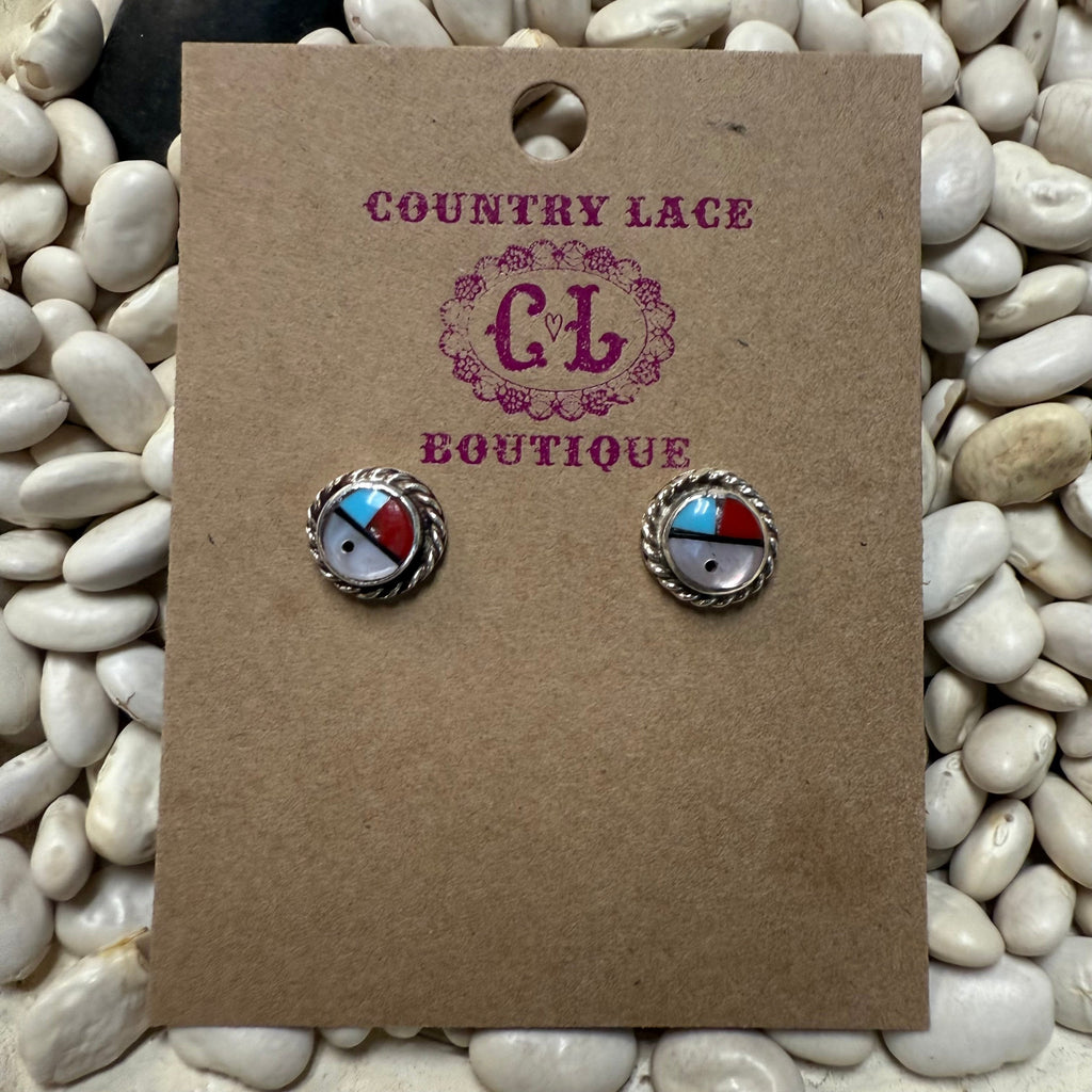 Multi Stone Inlay Stud Post Genuine Earring