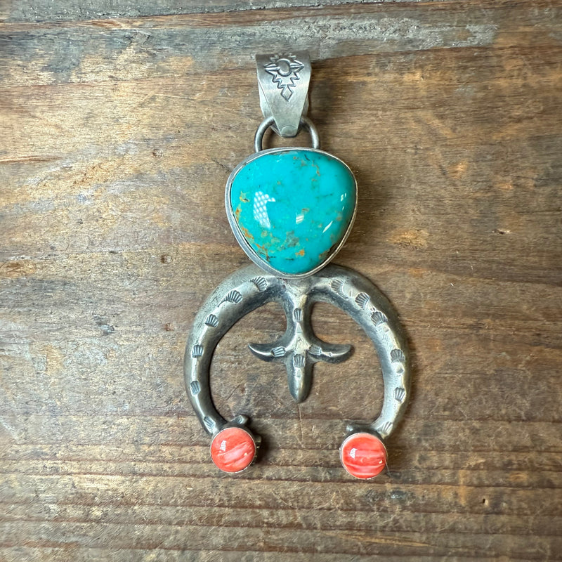 Naja with Big Turquoise and Red Coral Genuine Necklace Pendant
