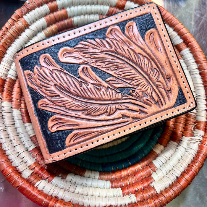 Natural and Black Tooled Bi-fold Leather Wallet