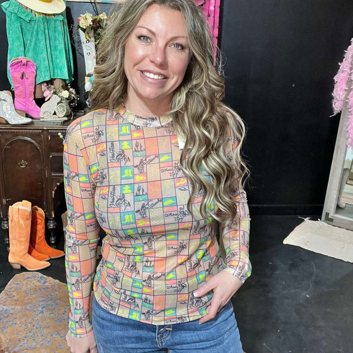 Neon Western Long sleeve Mesh Top