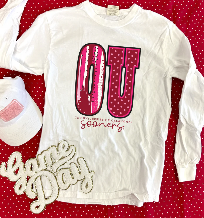 Oklahoma University Crimson & White Comfort Color Long Sleeve T-shirt.