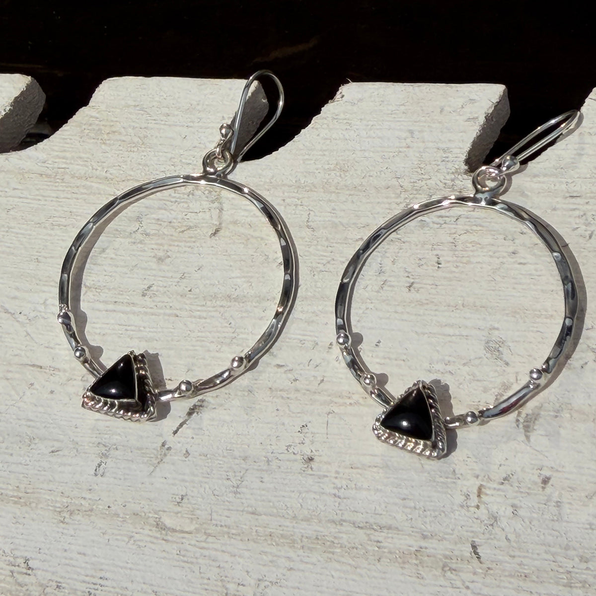 Onyx Triangle Hammered Hoop Sterling Silver Earring