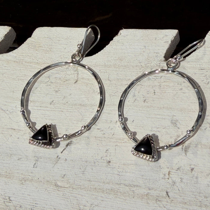 Onyx Triangle Hammered Hoop Sterling Silver Earring