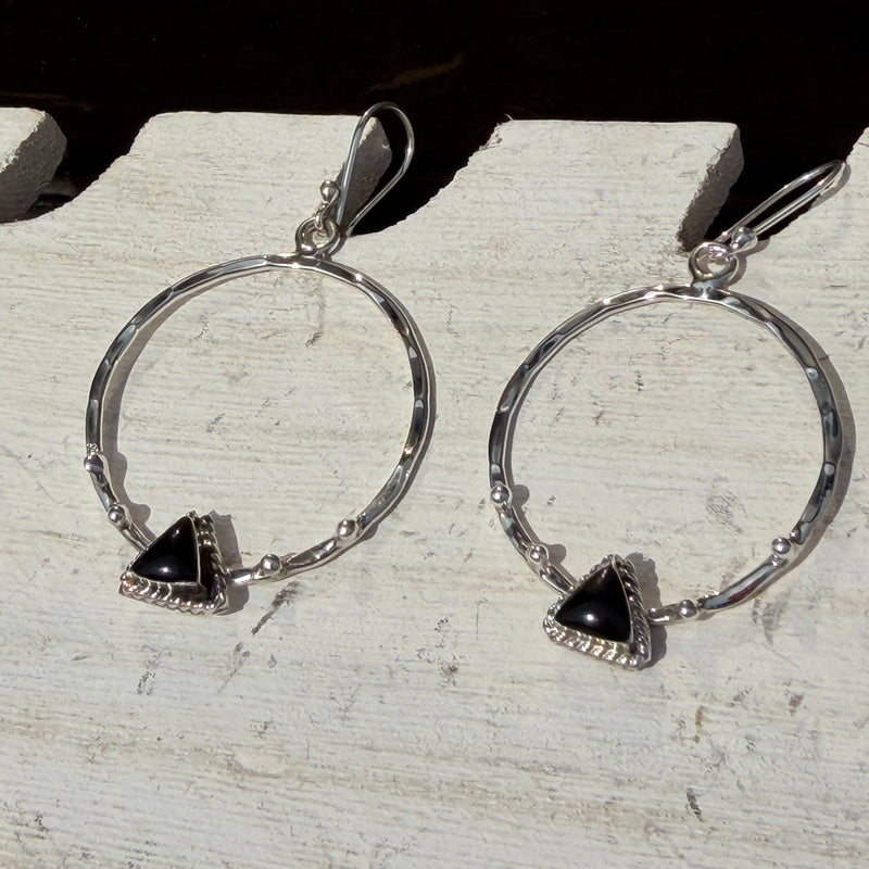 Onyx Triangle Hammered Hoop Sterling Silver Earring