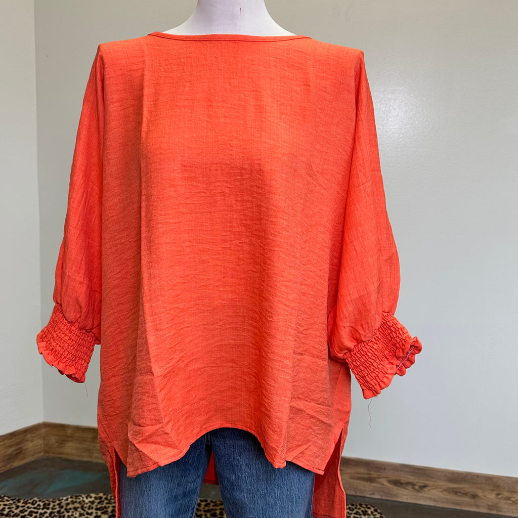 Orange Blouse with Smocking Sleeves Top