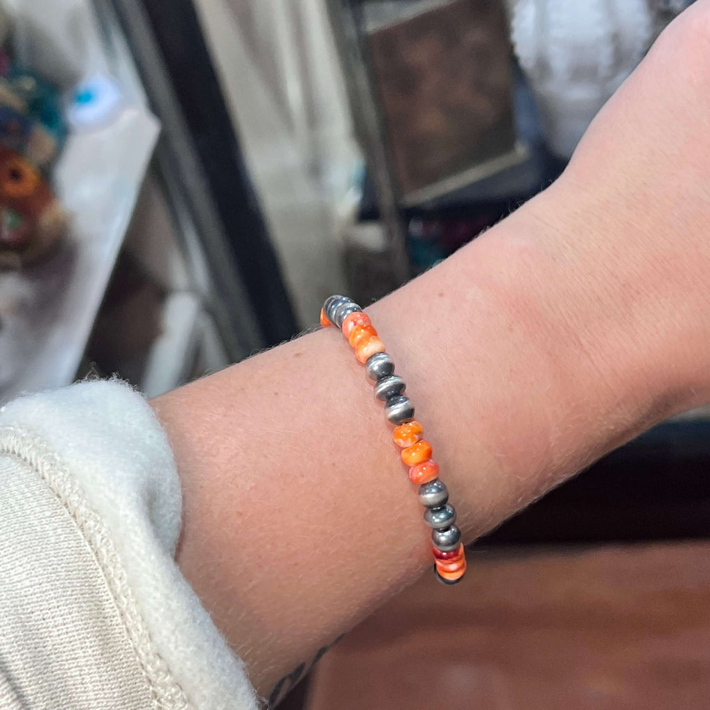 Orange Spiny & Navajo Pearl Stretchy Patterned Genuine Bracelet