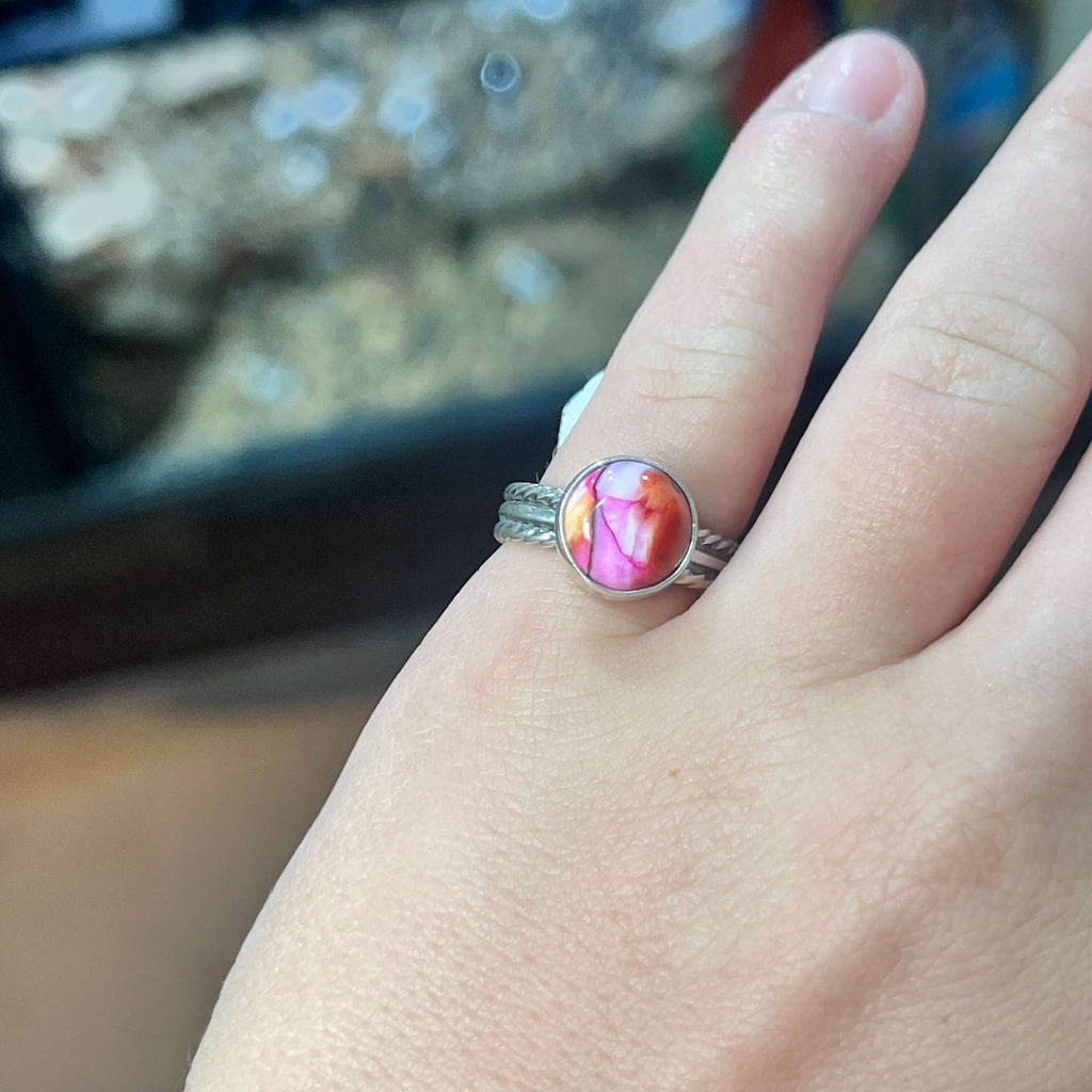 Pink Dahlia with Braided Band Genuine Ring / size 5.5