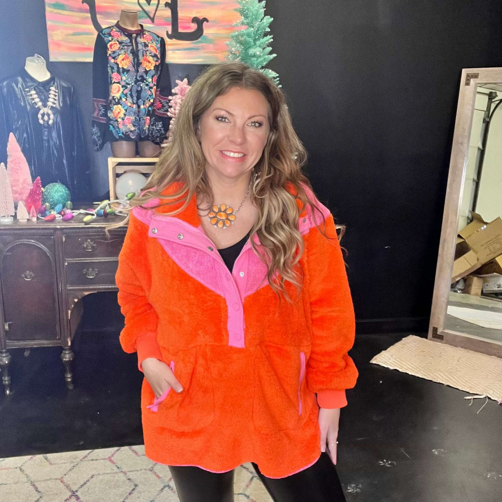 Pink and Orange Fuzzy Pullover Jacket