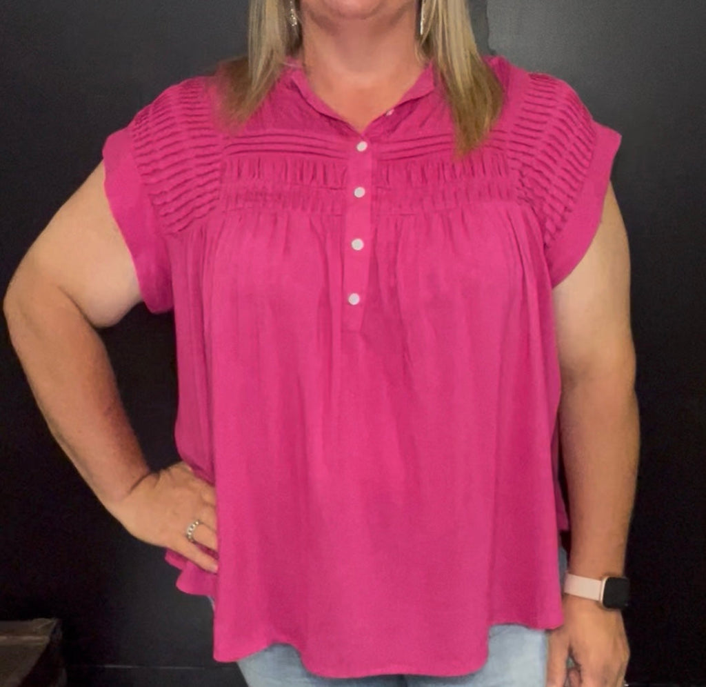 Plus Size Pink Flowy Half Button Shortsleeve Top