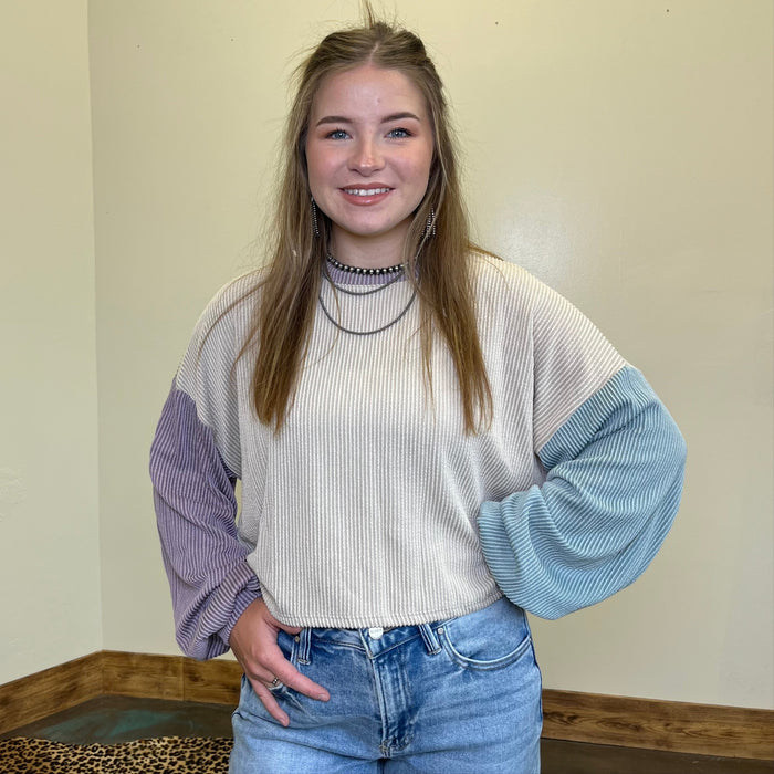Purple & Turquoise Ribbed Color Block Long Sleeve Crop Shirt