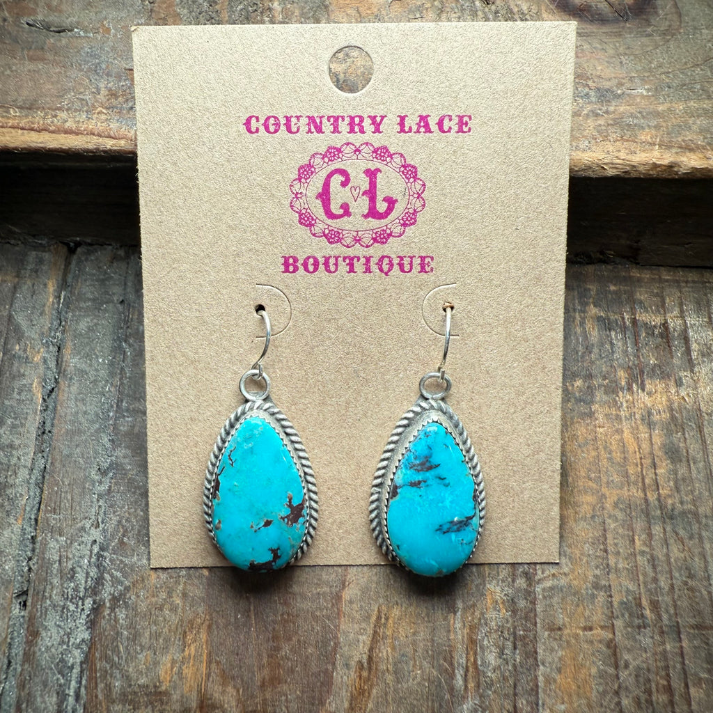 Rare Kingman Turquoise Tear Drop French Hook Genuine Earring