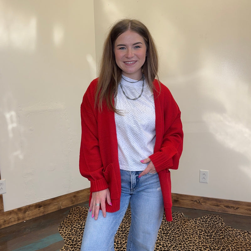Red Long Sleeve Sweater Cardigan