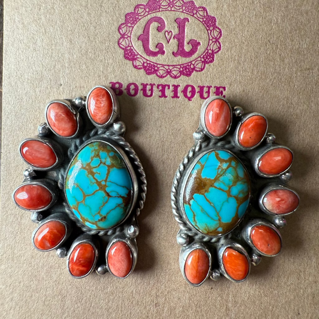 Red Spiny Oyster & Kingman Turquoise Half Cluster Post Sterling Silver Earring