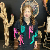 Rock & Roll Black Sequined Boot Overshirt Button Down Top1