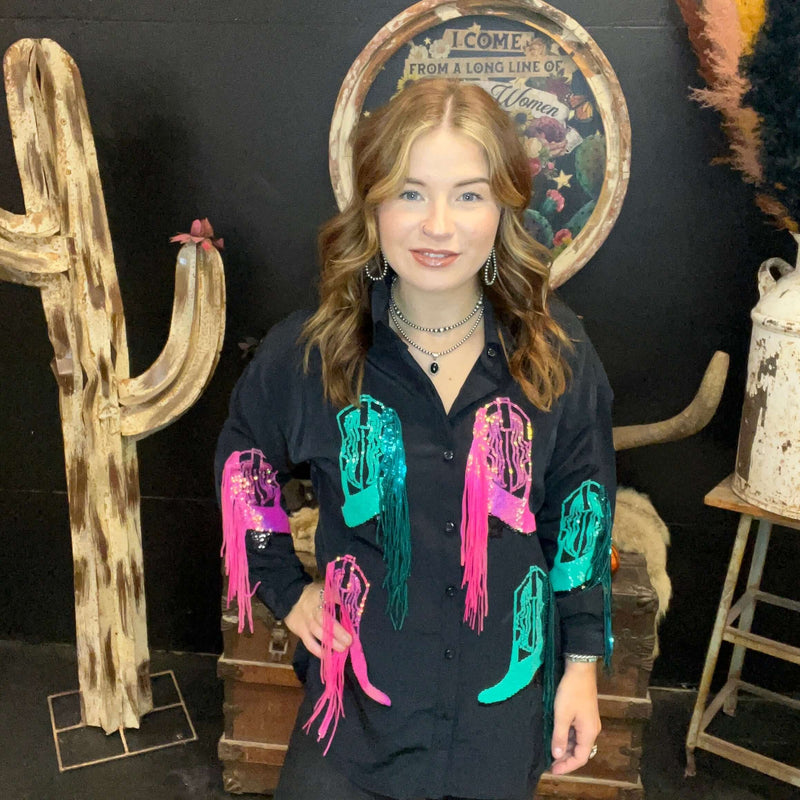 Rock & Roll Black Sequined Boot Overshirt Button Down Top1