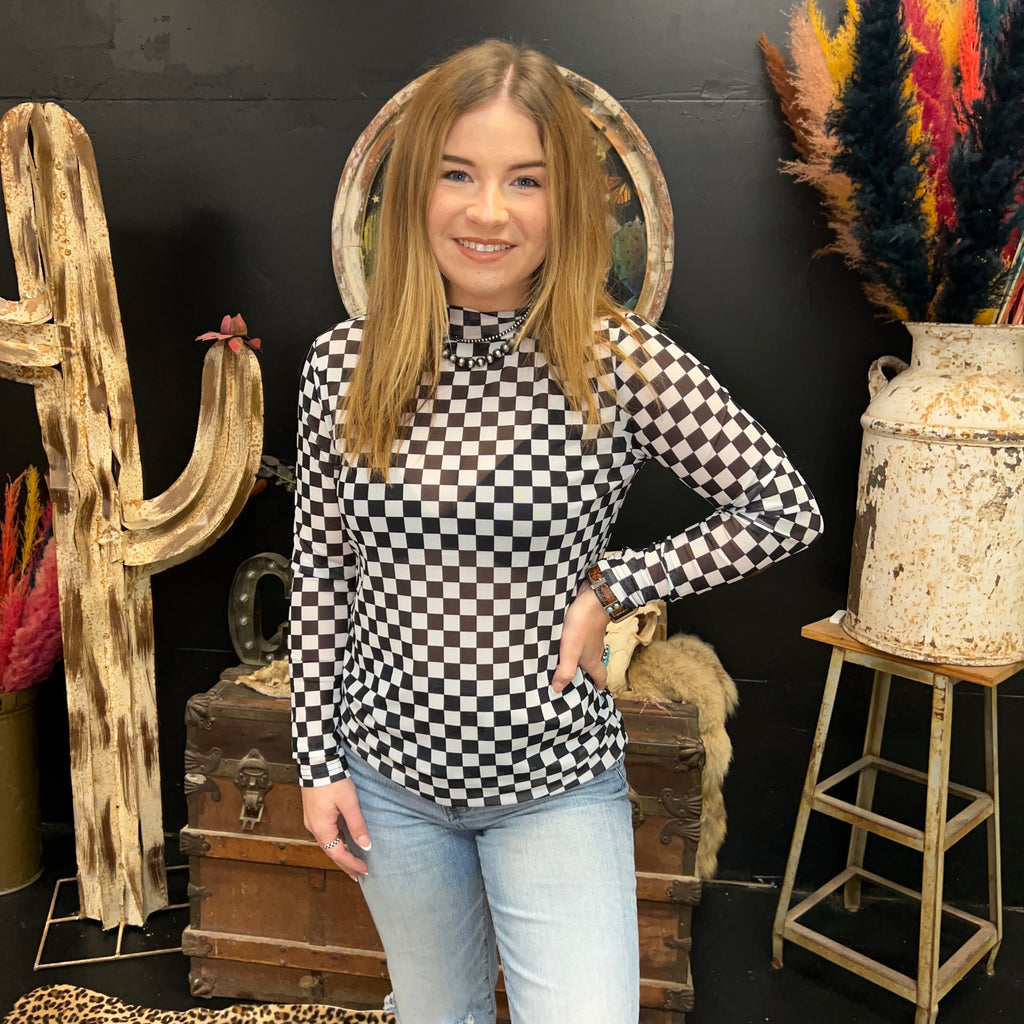 Round The Track Black Checkered Mesh Long sleeve Top1