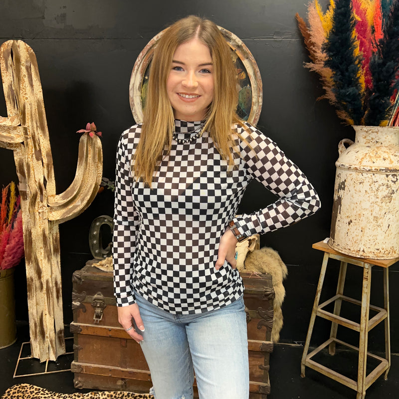 Round The Track Black Checkered Mesh Long sleeve Top1