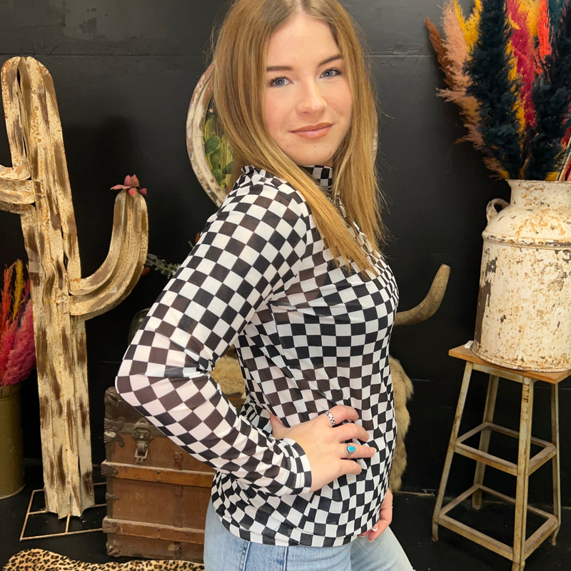 Round The Track Black Checkered Mesh Long sleeve Top2