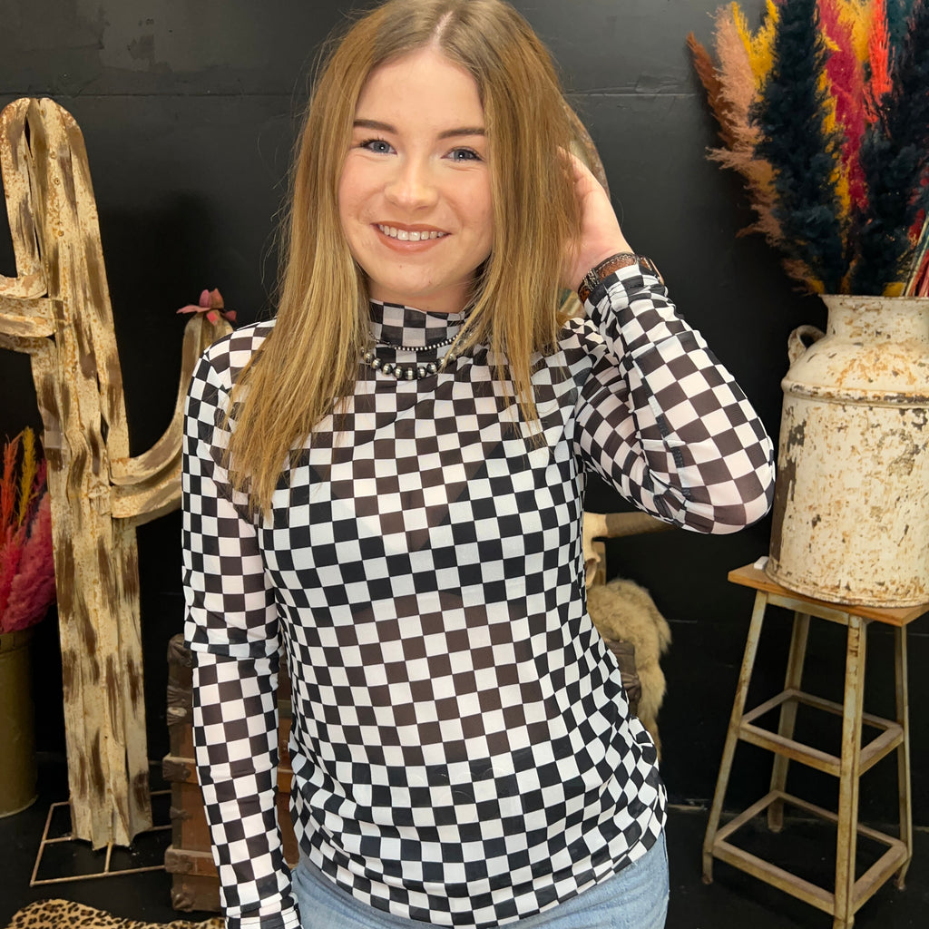 Round The Track Black Checkered Mesh Long sleeve Top
