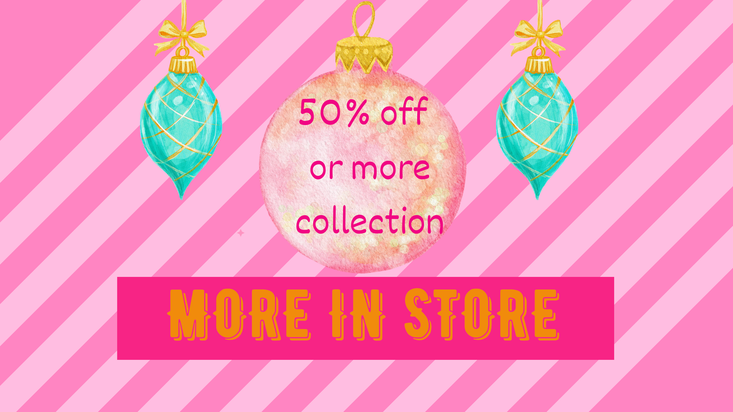 Promotional banner with Christmas ornaments and text on a pink striped background