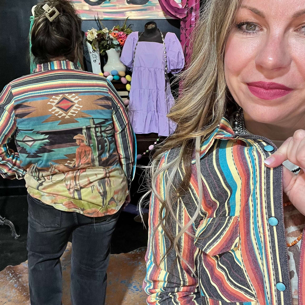 Serape Denim with Western Scene in suede Turquoise Buttons Button Down Top 1
