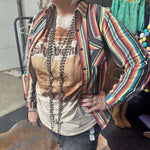 Serape Denim with Western Scene in suede Turquoise Buttons Button Down Top 2