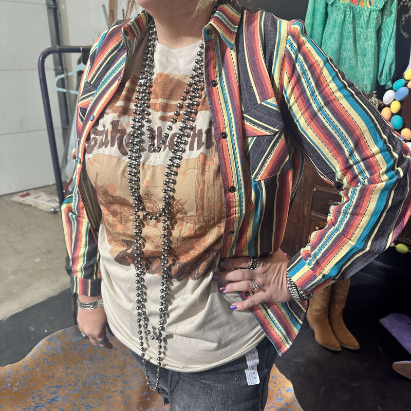 Serape Denim with Western Scene in suede Turquoise Buttons Button Down Top 2