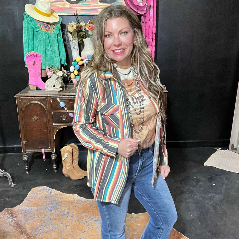 Serape Denim with Western Scene in suede Turquoise Buttons Button Down Top 3