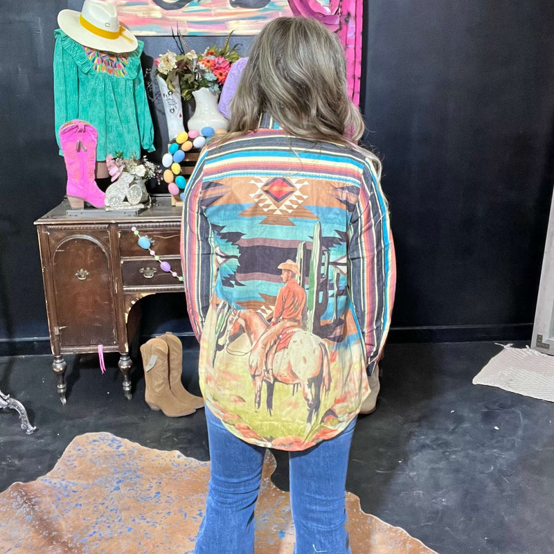 Serape Denim with Western Scene in suede Turquoise Buttons Button Down Top 5