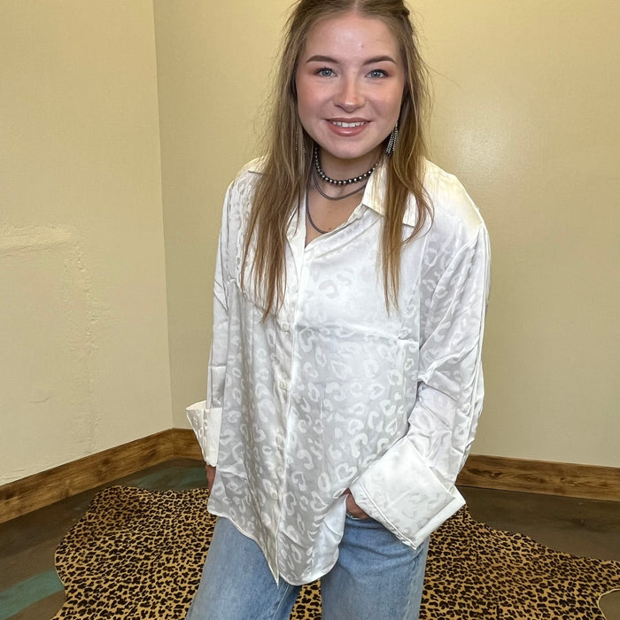 Silky White Leopard Long Sleeve Button Up Top