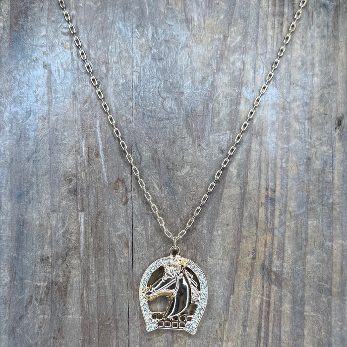 Silver necklace with horse and horseshoe