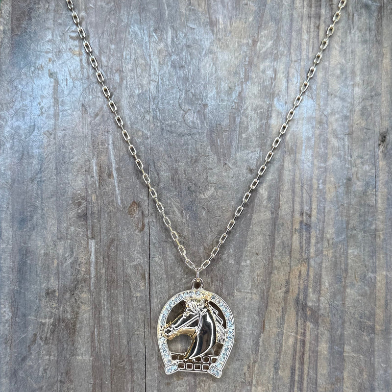 Silver necklace with horse and horseshoe