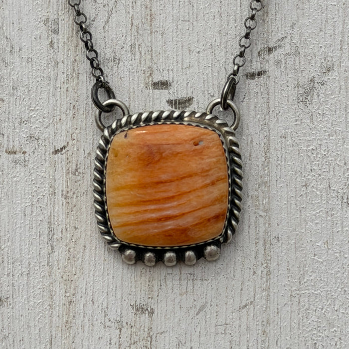 Square Orange Spiny Oyster w/ Detail Genuine Sterling Silver Necklace