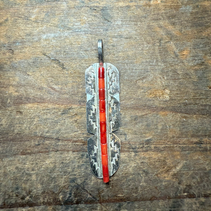 Stamped Feather W/ Red Beading Genuine Necklace Pendant