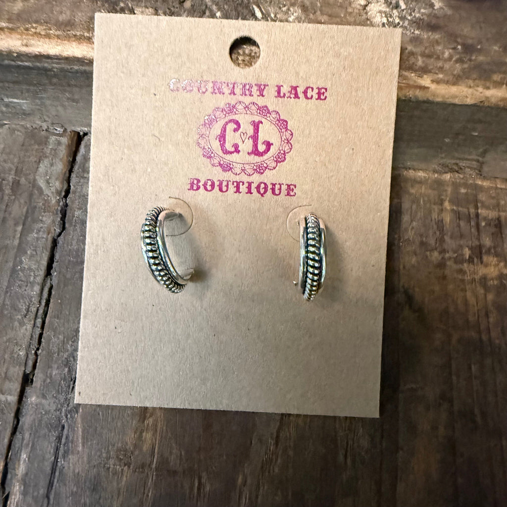 Sterling Silver Detailed Hoop Huggie Post Genuine Earring