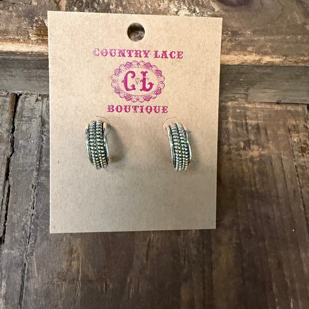 Sterling Silver Double Detail Hoop Huggie Post Genuine Earring
