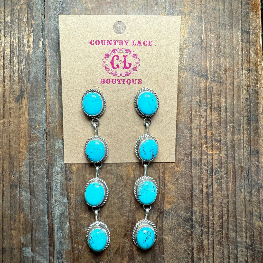 Stunning 4 Stone Blue Turquoise Wedding Drop Post Genuine Earring