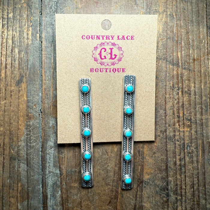 Stunning Sterling Silver Long Vertical with 5 Turquoise Stones Post Genuine Earring5