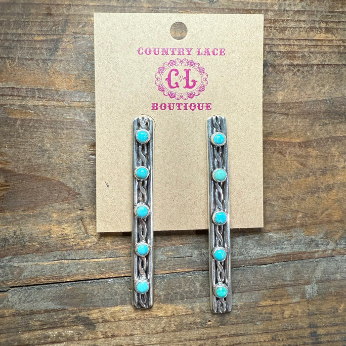 Stunning Sterling Silver Long Vertical with 5 Turquoise Stones Post Genuine Earring66