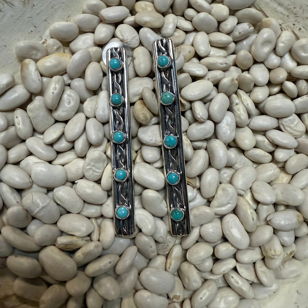 Stunning Sterling Silver Long Vertical with 5 Turquoise Stones Post Genuine Earringa