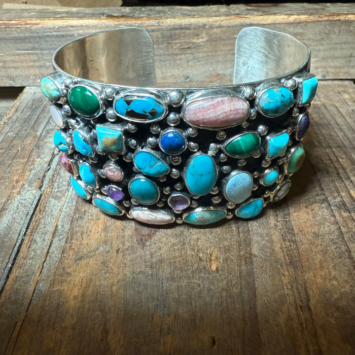 Stunning Wide Multi Stone Sterling Silver with Detail Cuff Genuine Bracelet
