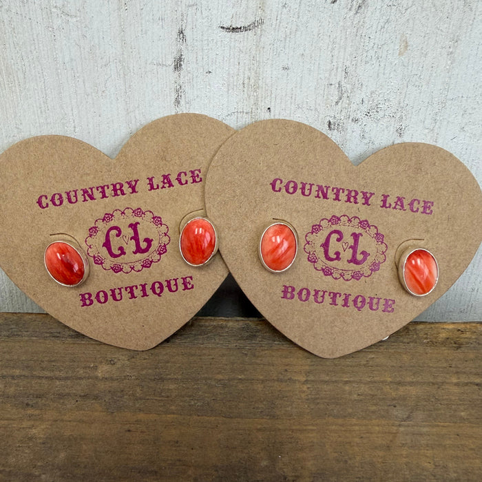 Tiny Oval Orange Spiny Post Stud Sterling Silver Earring