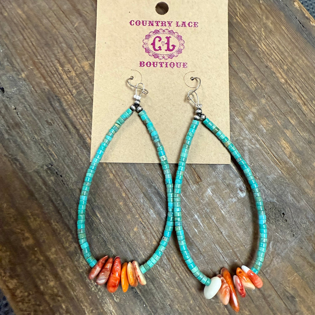 Turquoise Heishi and Orange Spiny Genuine French Hook Earrings