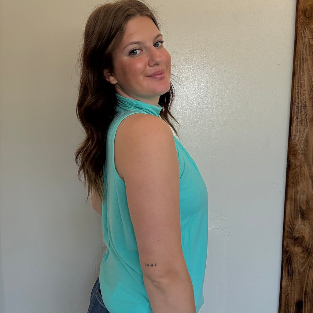 Turquoise High Neck Sleeveless Top1