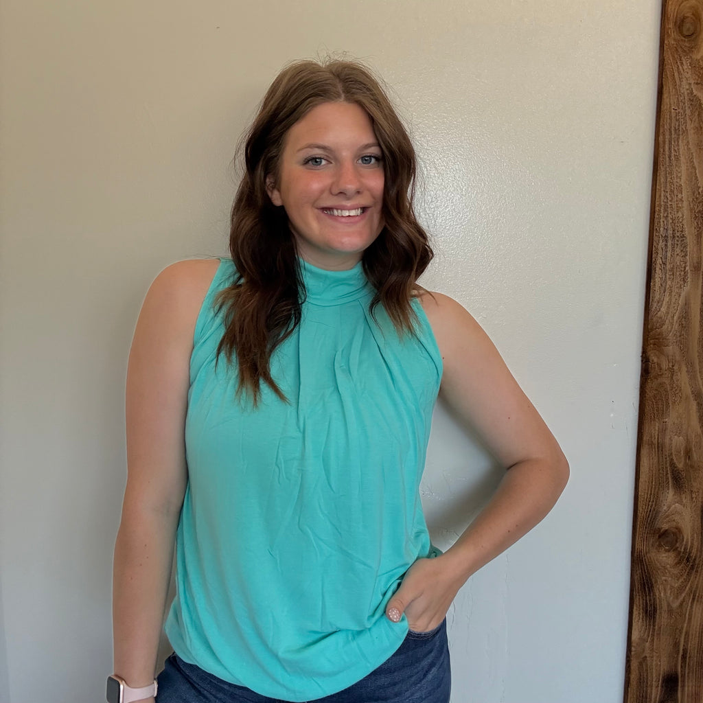 Turquoise High Neck Sleeveless Top