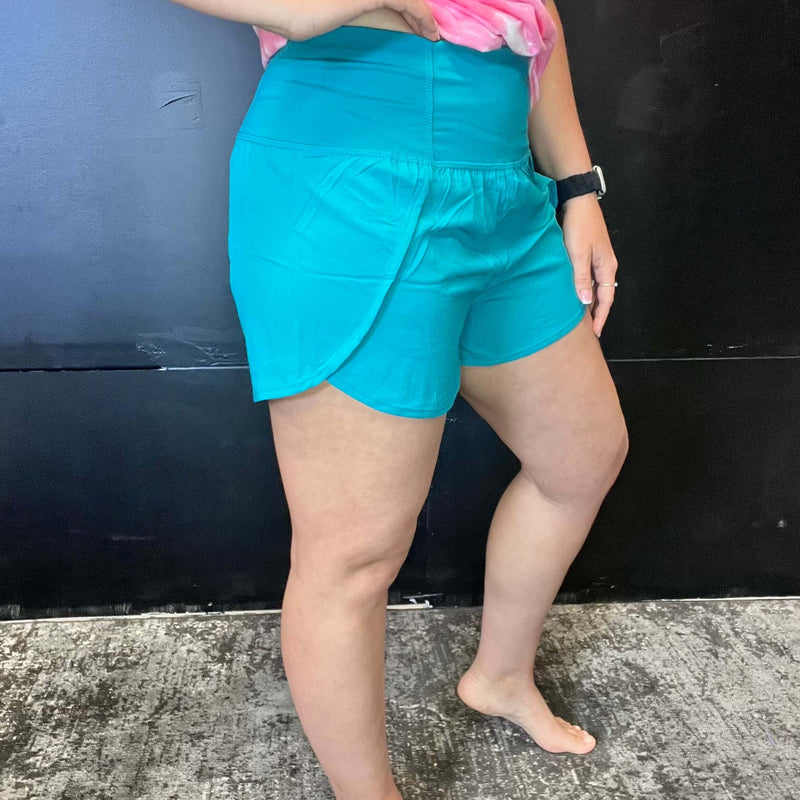 Turquoise High Waisted Athletic Shorts with Zip Waist Pocket456