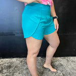 Turquoise High Waisted Athletic Shorts with Zip Waist Pocket456