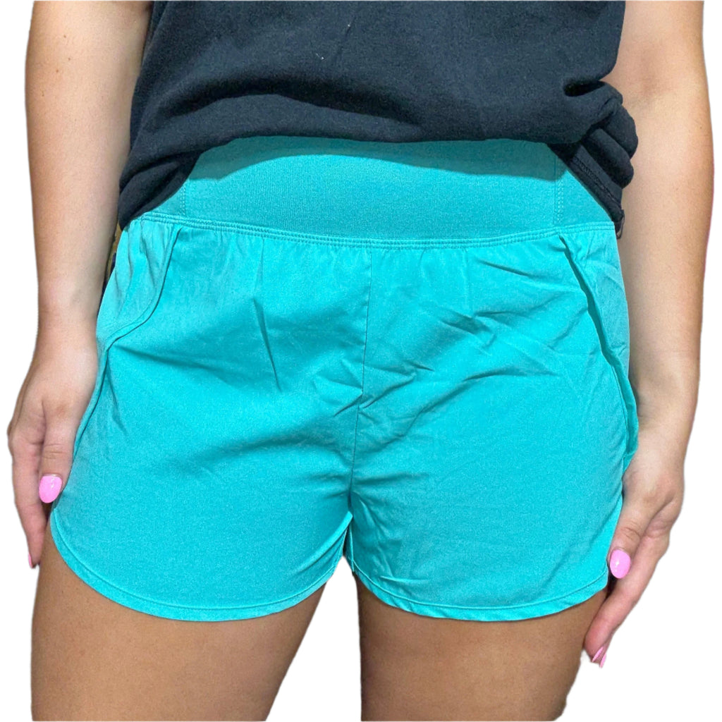 Turquoise High Waisted Athletic Shorts with Zip Waist Pocket