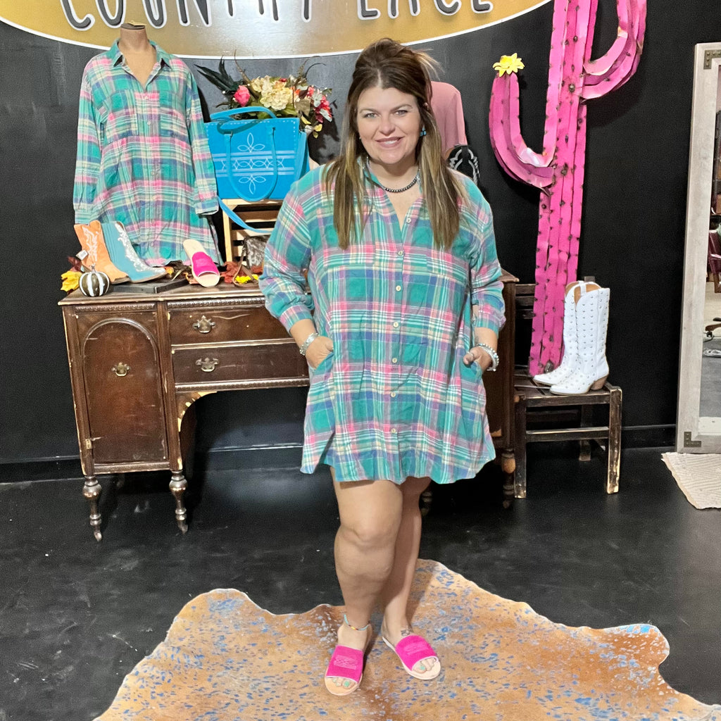 Turquoise & Pink Flannel Plaid Button Down Top / Dress1